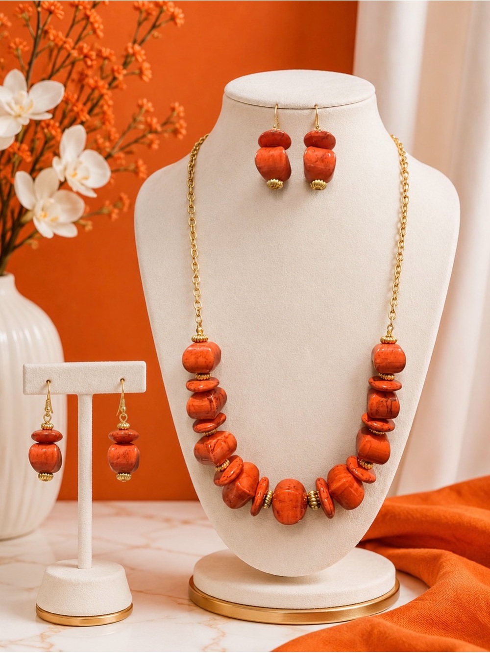 Marbled brown beaded necklace & earring set